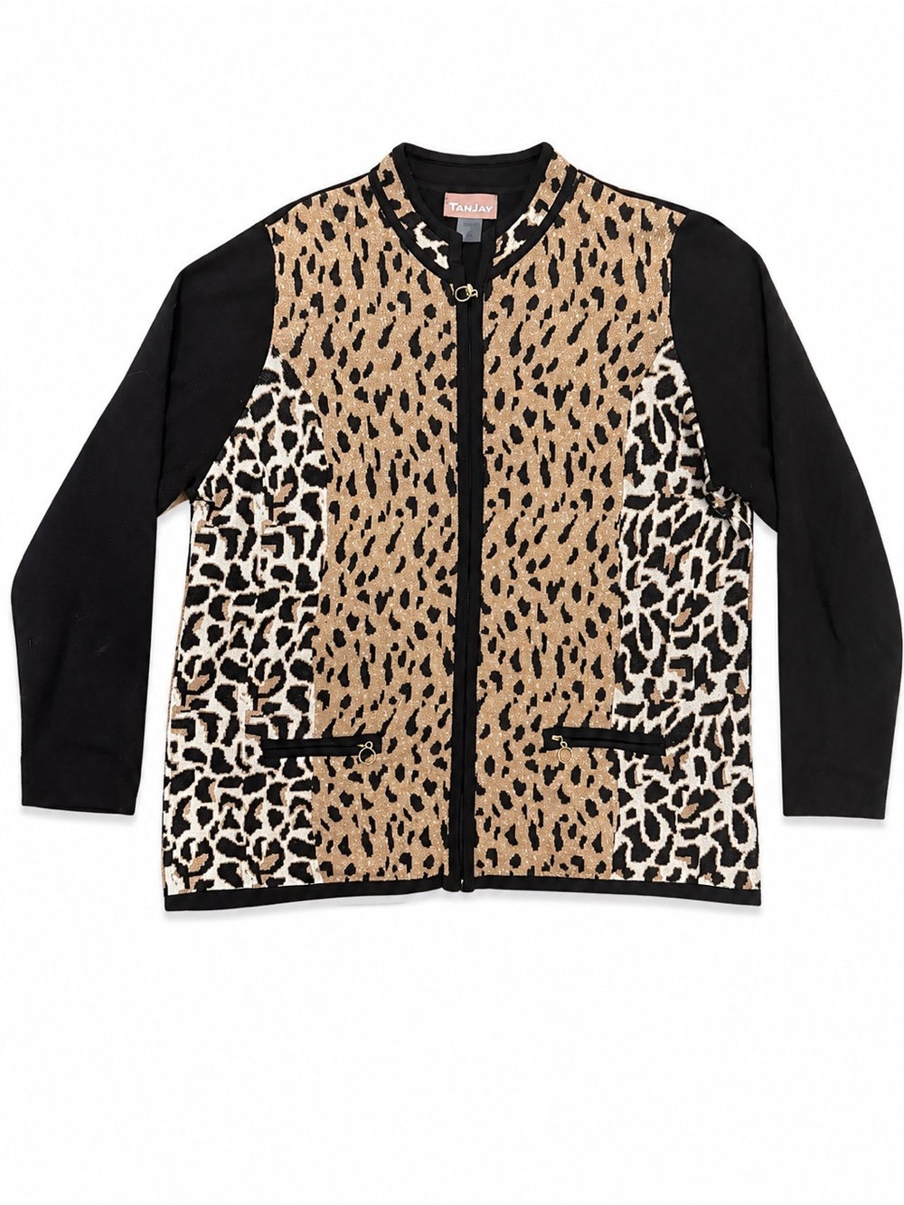 TanJay Leopard Print Zip-Front Cardigan in Tan and Black